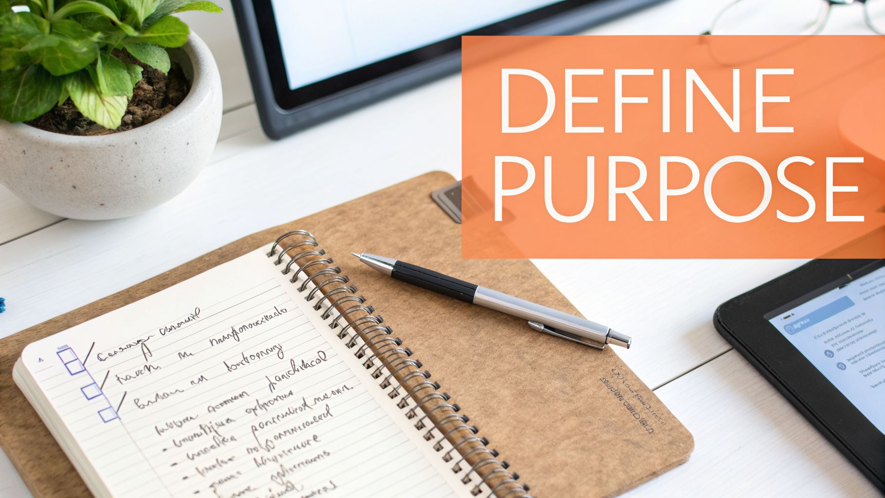 A desk with a notebook, pen, plant, and digital devices, featuring 'DEFINE PURPOSE' text overlay.