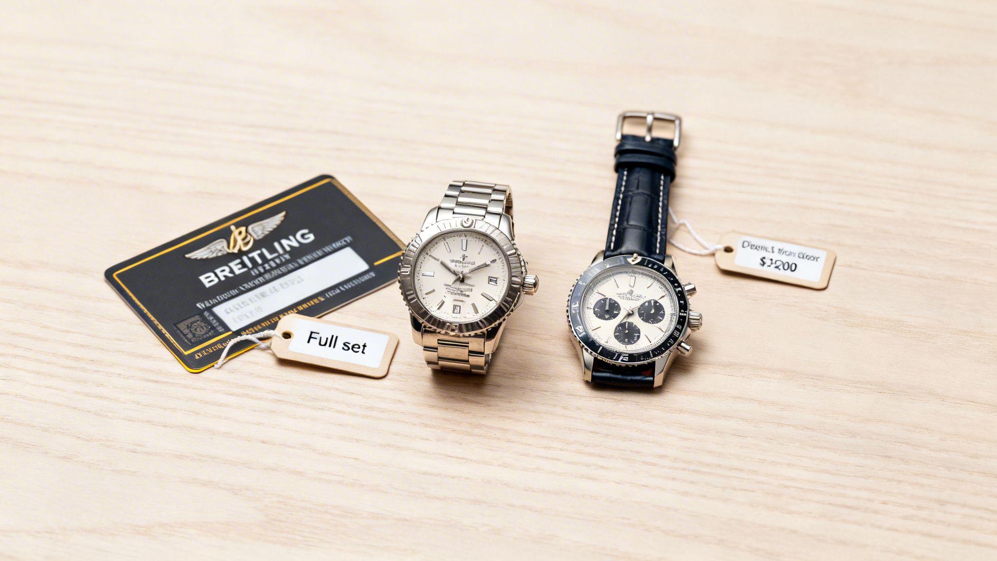 Two pre-owned Breitling watches, a metal bracelet and a chronograph, displayed with an authenticity card.