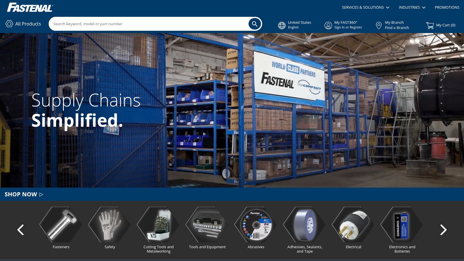 Fastenal's website demonstrates how a B2B platform can integrate a large product catalog with local branch services and inventory management solutions.