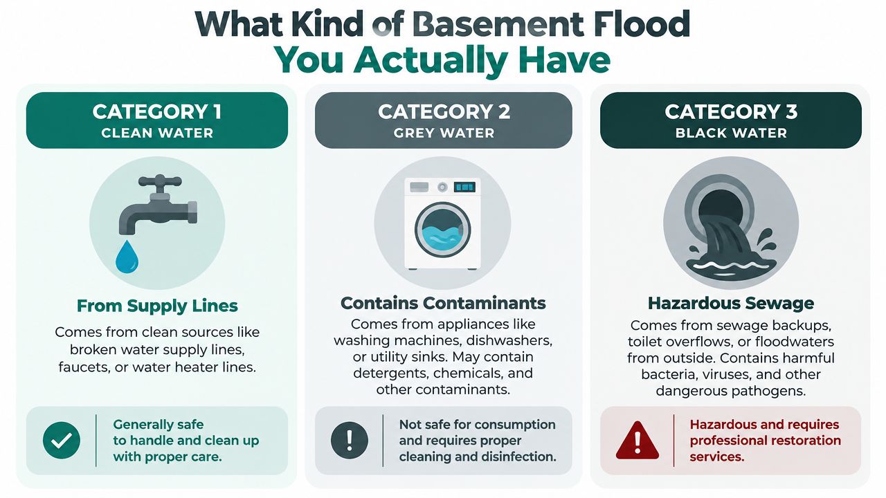 A chart categorizing three levels of basement flood water types: clean water, grey water, and black water.