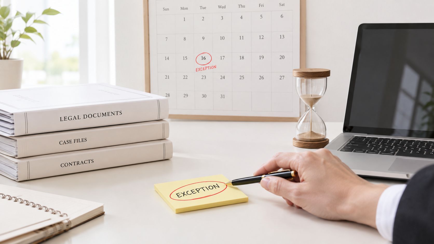 A professional desk setup featuring legal documents, an hourglass, a calendar with a marked date, and a hand writing exception.