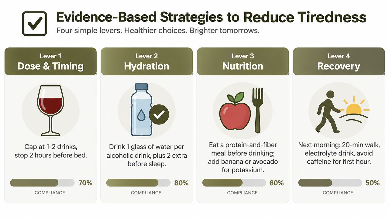 An infographic titled Evidence-Based Strategies to Reduce Tiredness, outlining four levers to minimize fatigue after alcohol consumption.