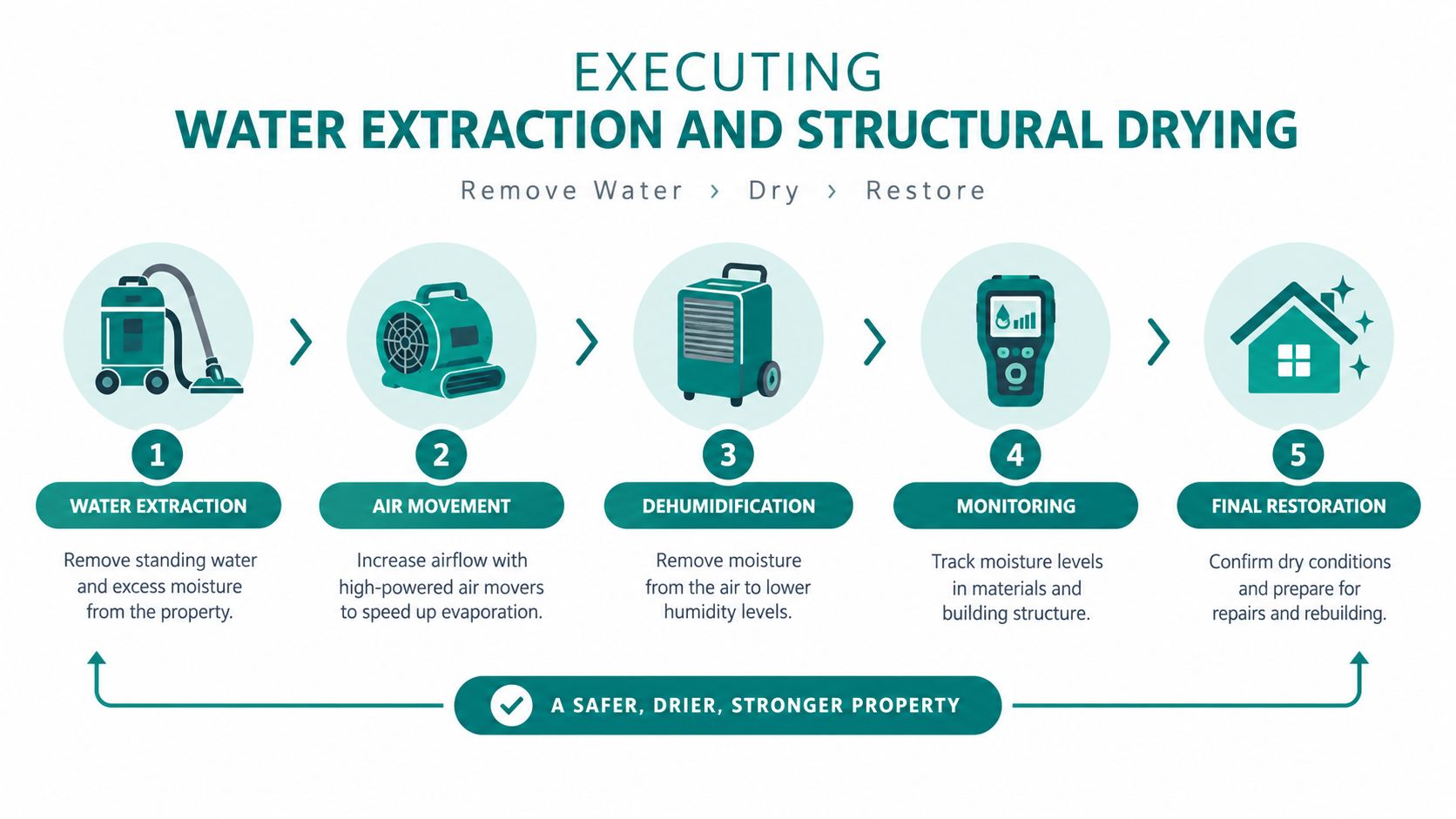 A 5-step process infographic for water extraction and structural drying in property restoration services.