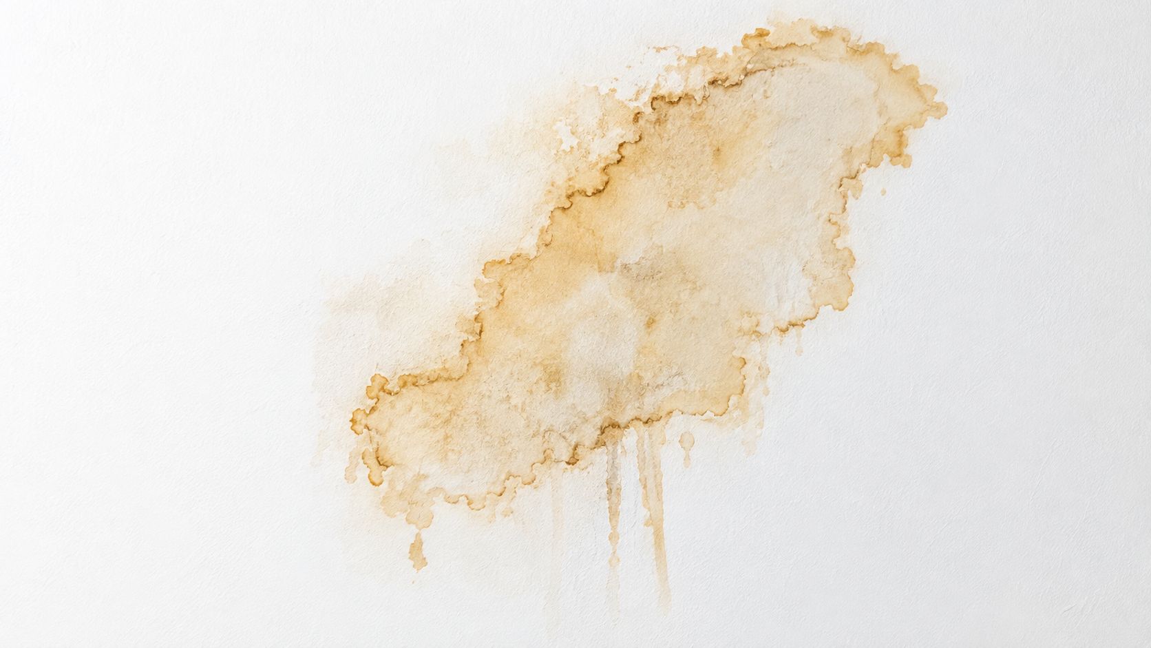 A large, brown water stain with vertical drips on a white interior wall indicating possible leakage.