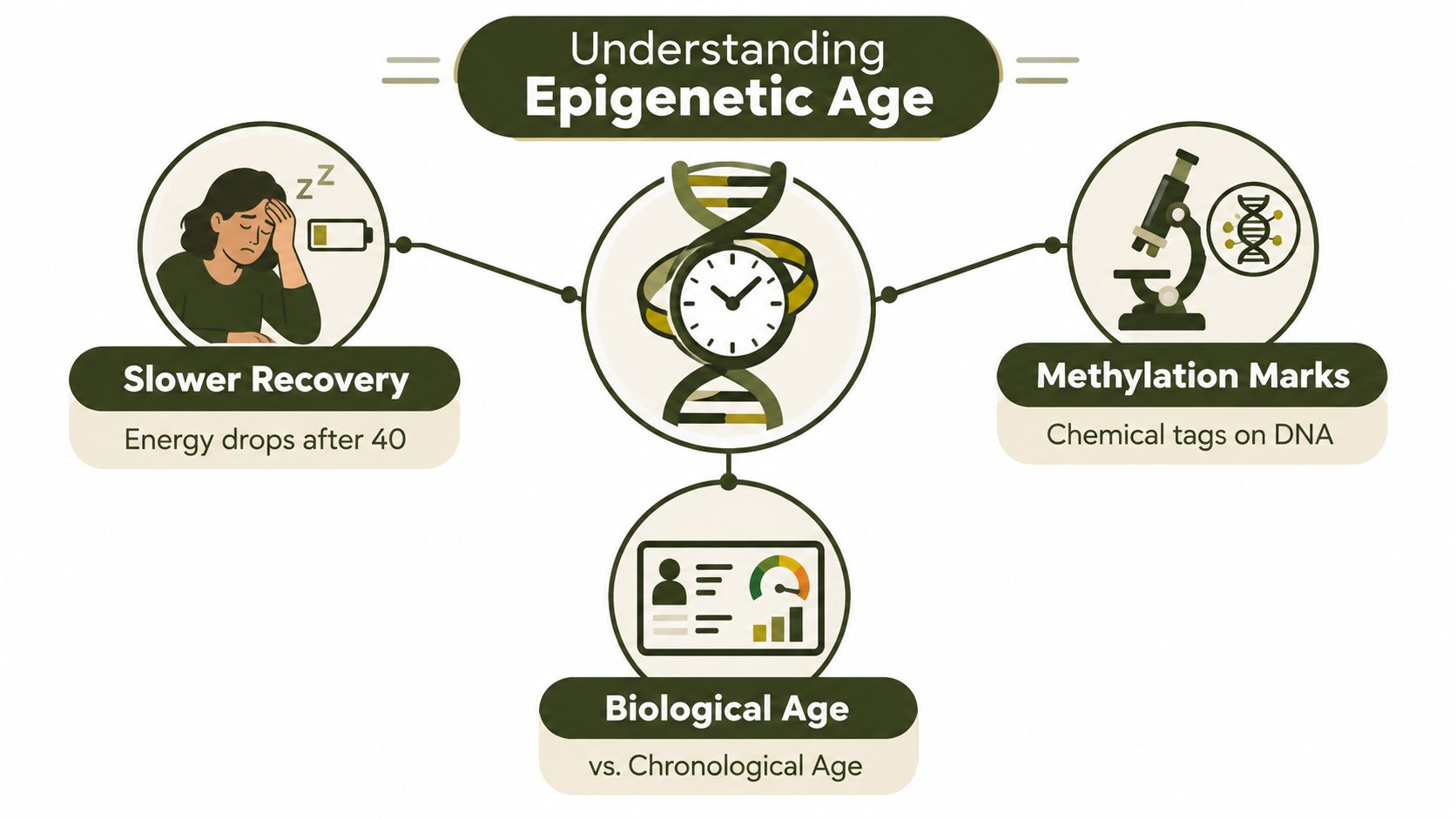 An infographic showing the concept of epigenetic age through recovery, biological age comparison, and DNA methylation markers.