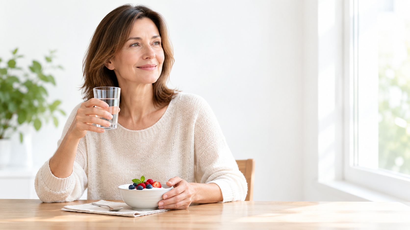 A mature woman sitting at a table eating a healthy fruit bowl while drinking a glass of water.