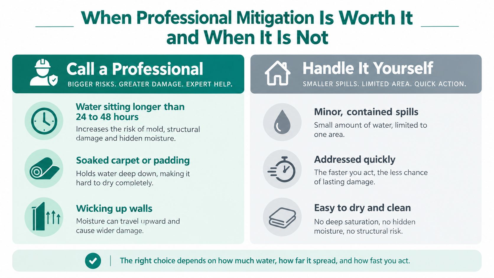 A comparison chart outlining when to hire professional water mitigation services versus handling minor spills yourself.