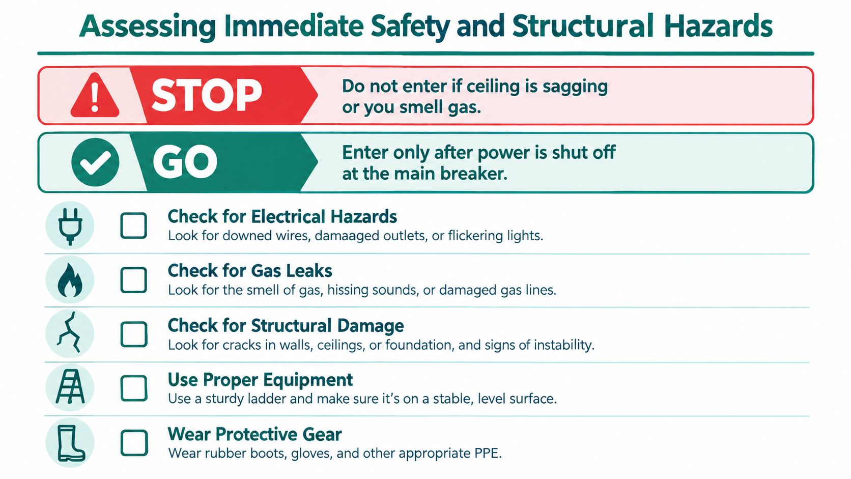 A safety checklist infographic about assessing immediate safety and structural hazards for your home after flooding.