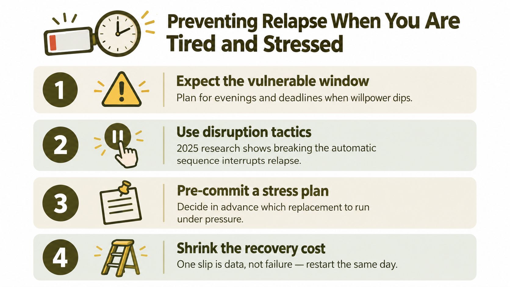A four-step infographic offering practical strategies for preventing relapse when feeling tired or stressed.