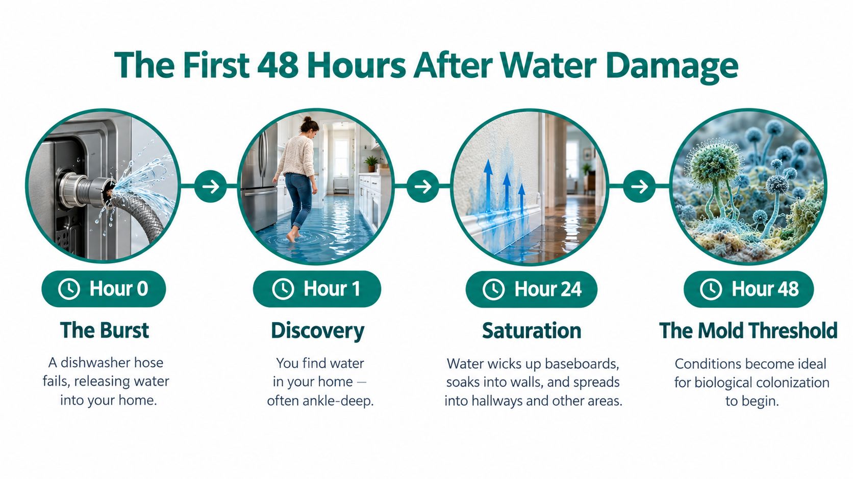 A timeline graphic illustrating the stages of water damage from a burst pipe to mold growth.