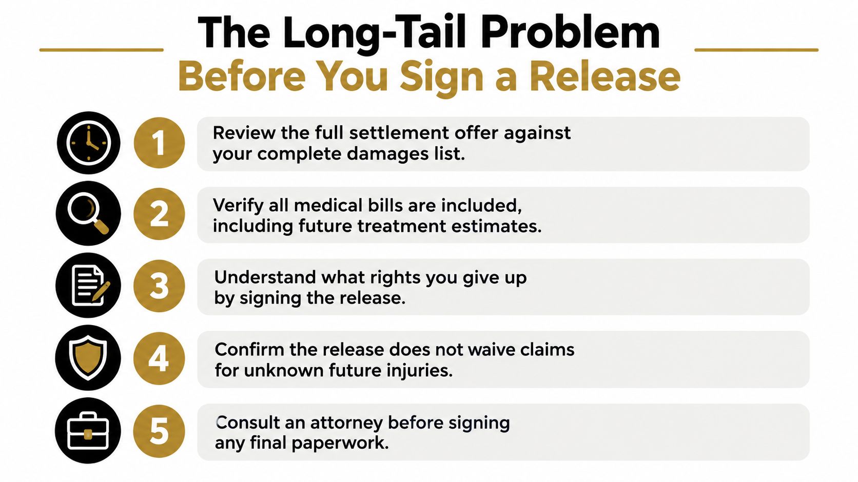 An infographic titled The Long-Tail Problem listing five important steps to consider before signing a settlement release.