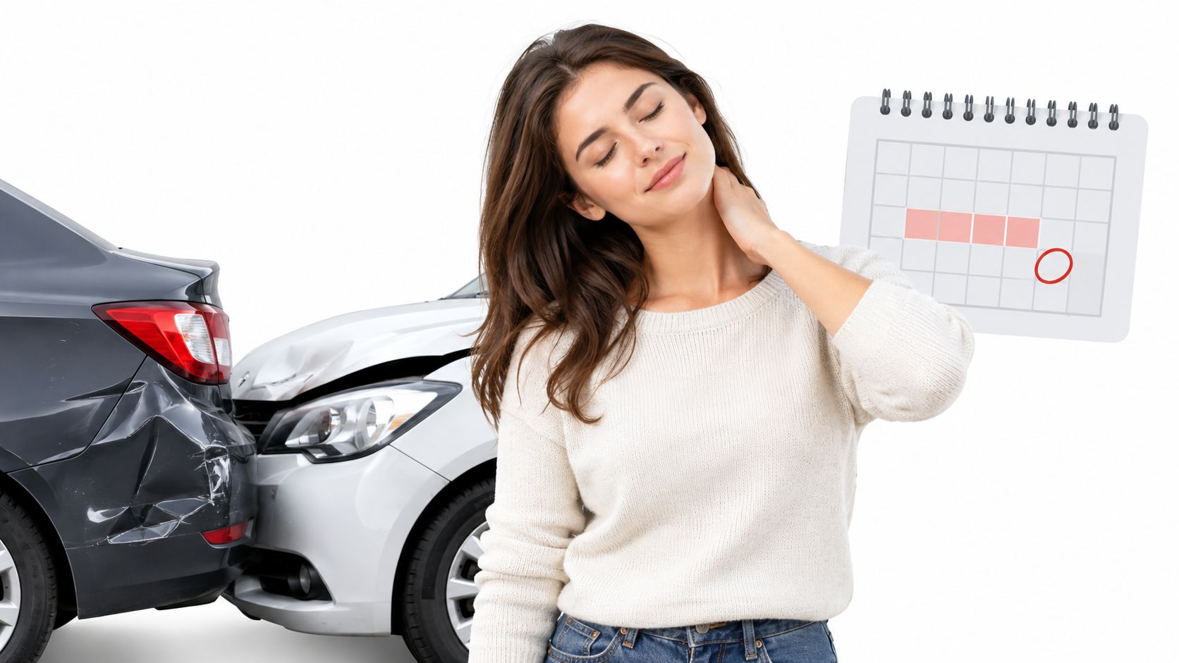 A woman experiencing neck pain in front of a car accident with a calendar graphic shown.
