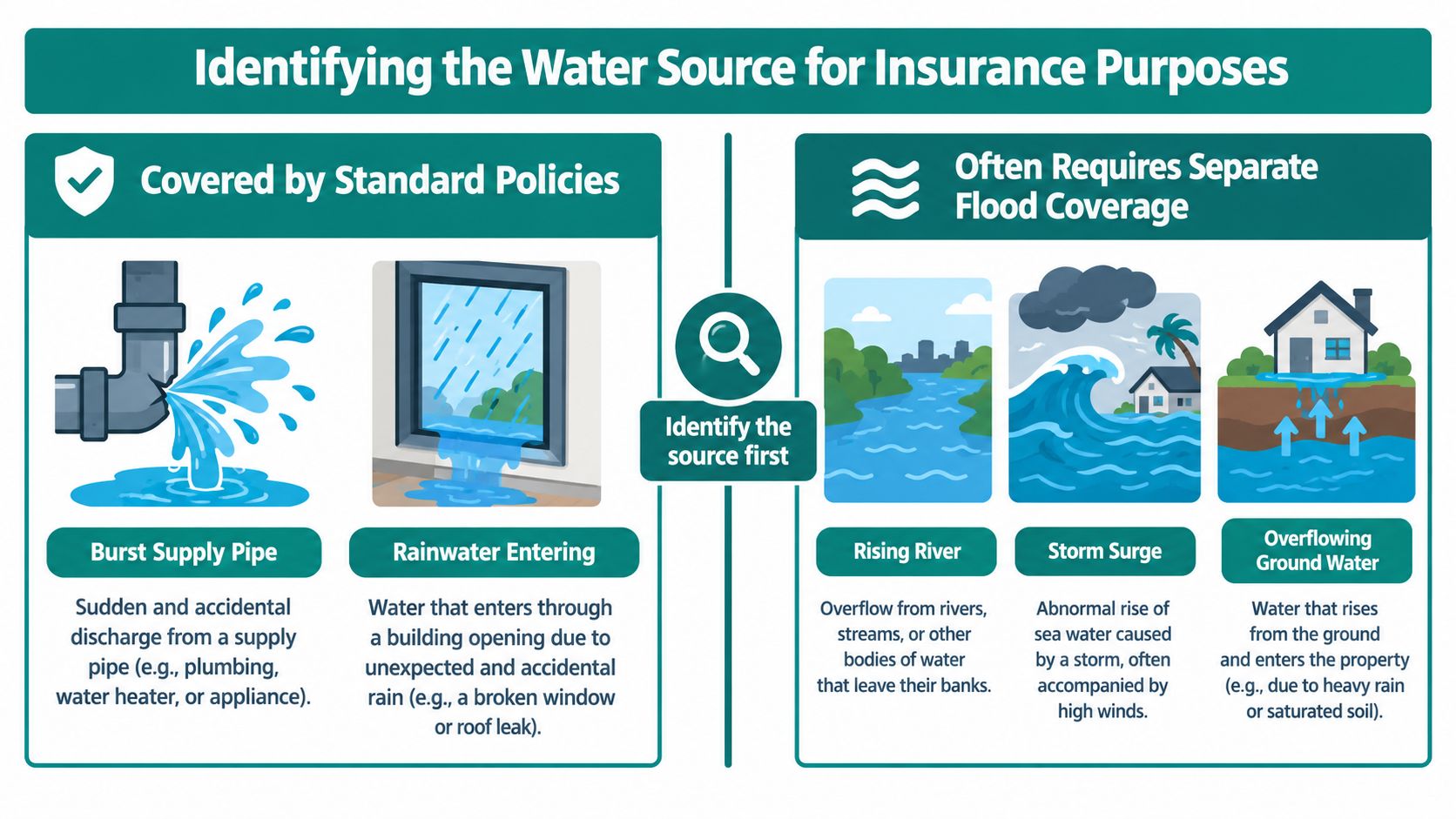 An infographic distinguishing between water damage covered by standard policies versus those requiring separate flood insurance coverage.