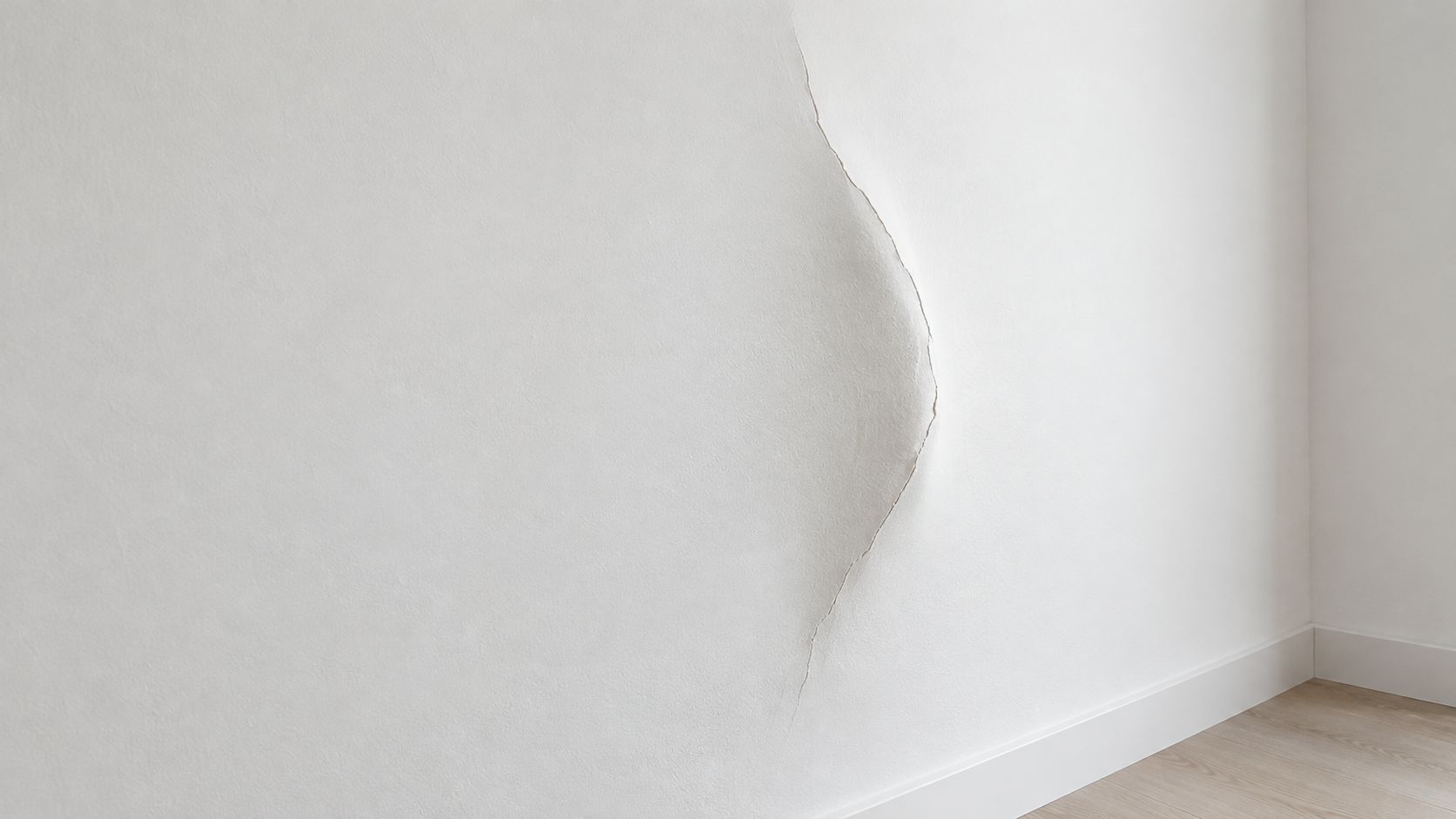 A section of a white wall showing signs of bubbling paint and plaster indicating water damage.