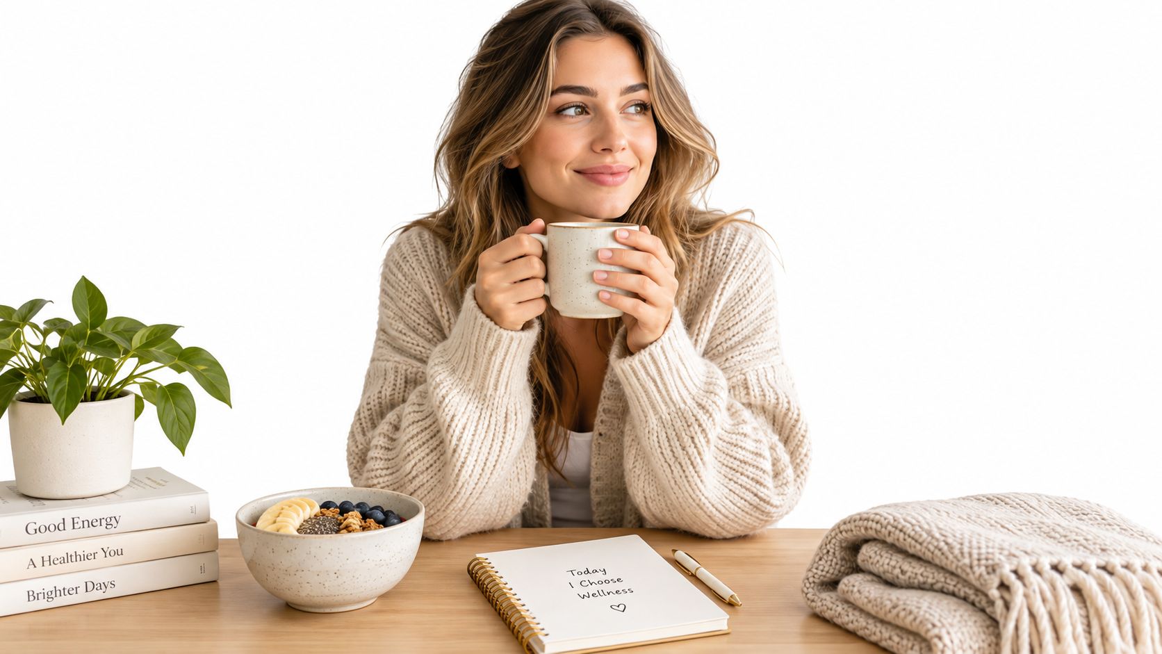 A woman holding a warm drink at a desk with a healthy breakfast and wellness journal.