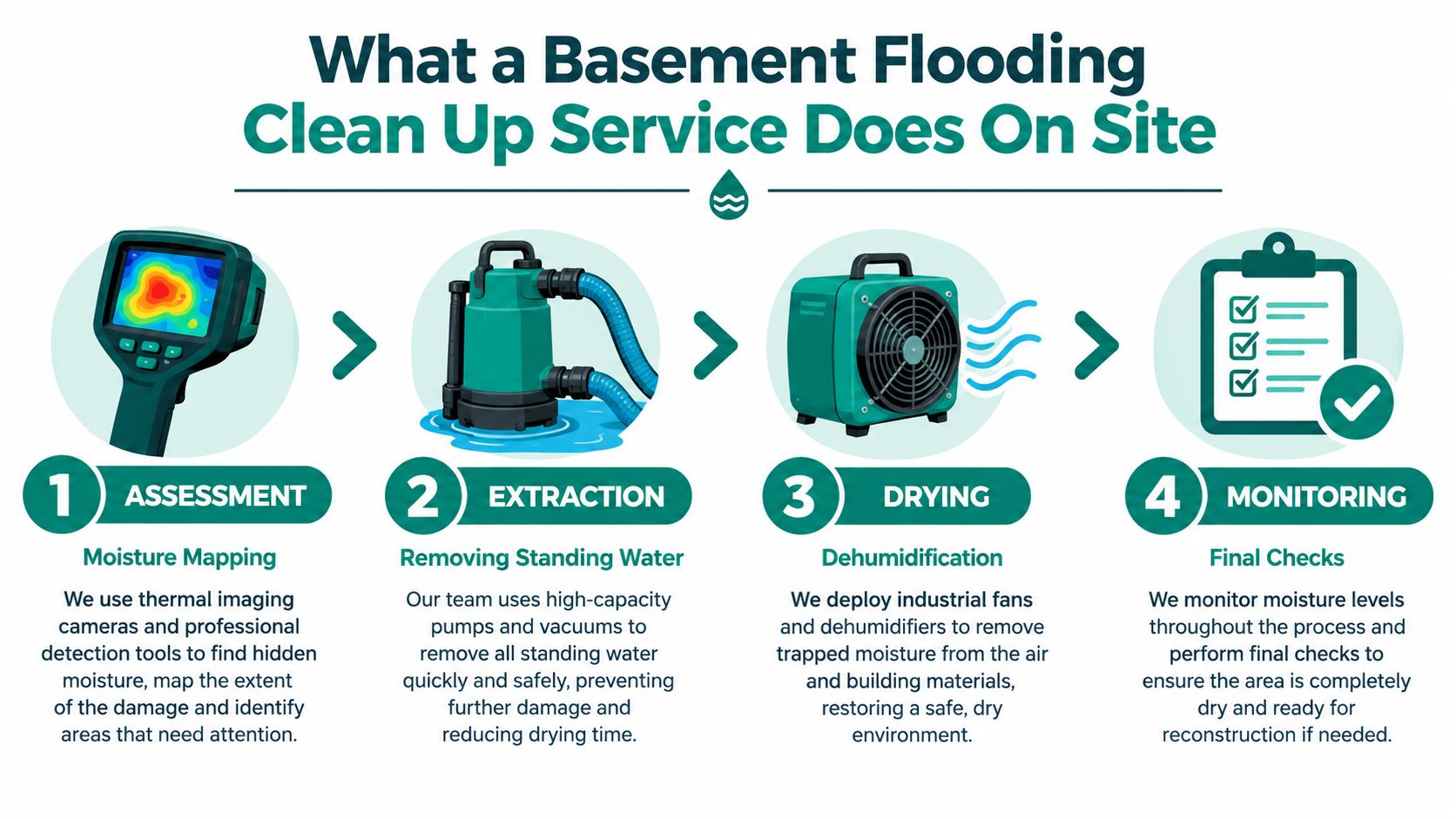 A four-step infographic illustrating the professional process for basement flooding clean up and restoration services.