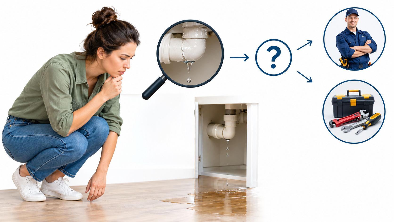 A concerned woman crouching near a leaking sink pipe while considering professional plumbing services or home repairs.