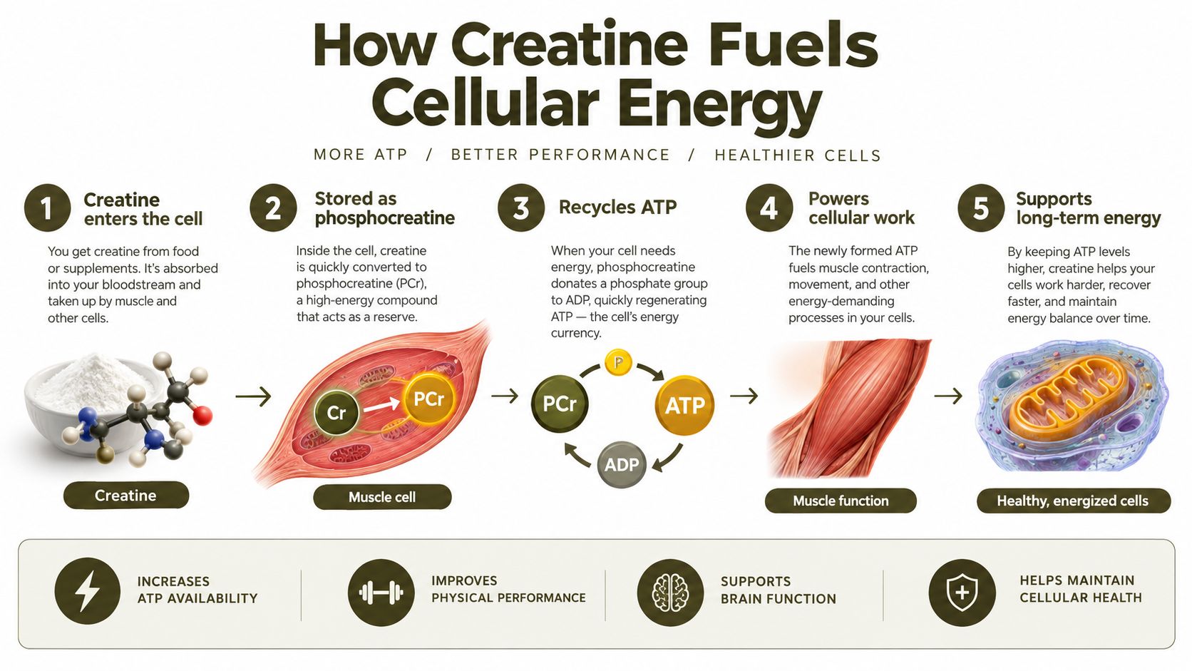 An infographic showing the five-step process of how creatine fuels cellular energy and improves overall physical performance.