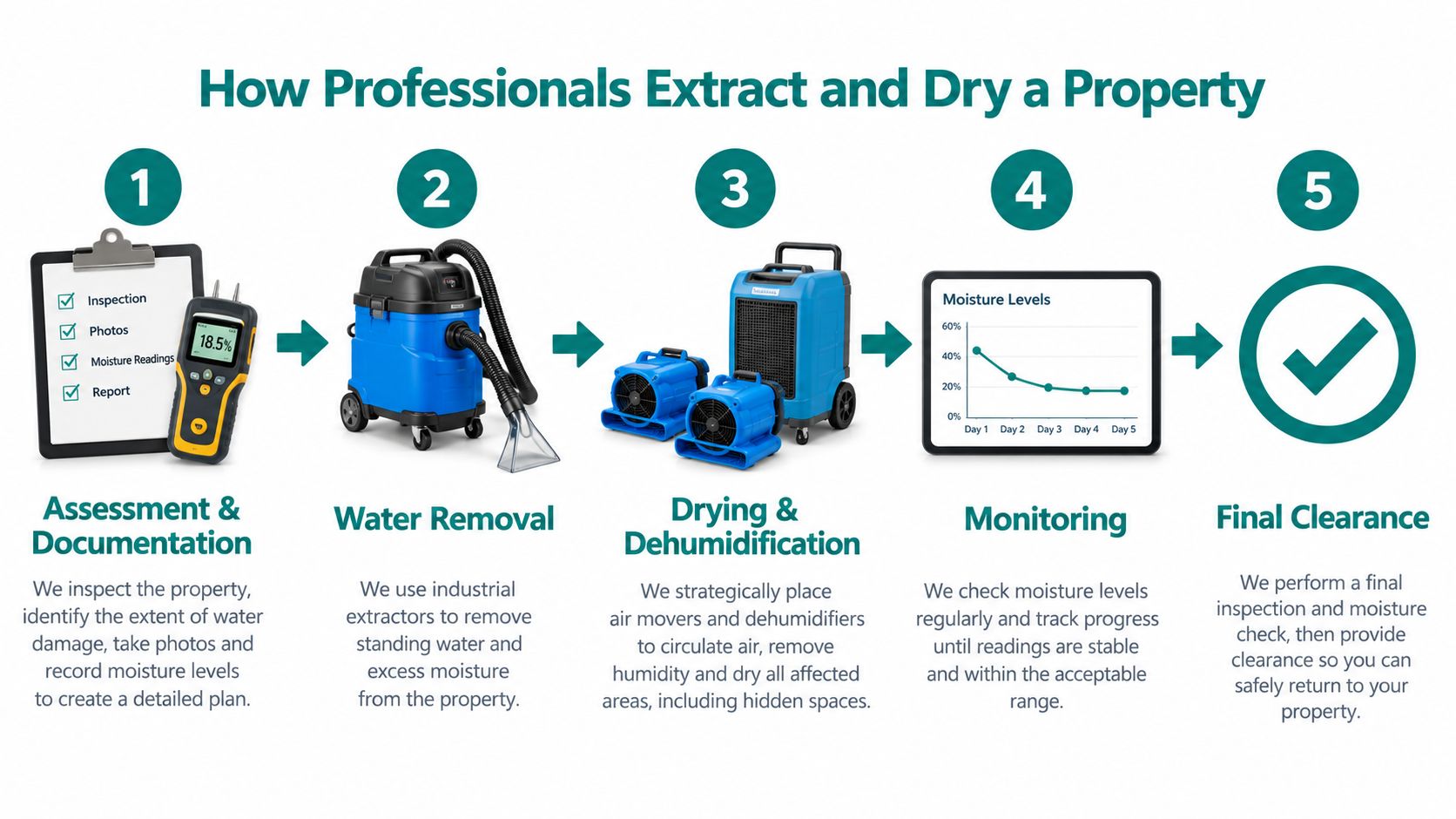 A five-step professional process infographic illustrating water extraction, drying, dehumidification, monitoring, and final property clearance.