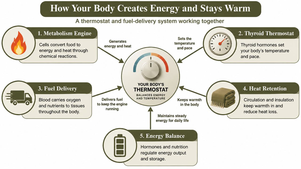 A diagram explaining how the body creates energy and regulates temperature through metabolic and hormonal systems.