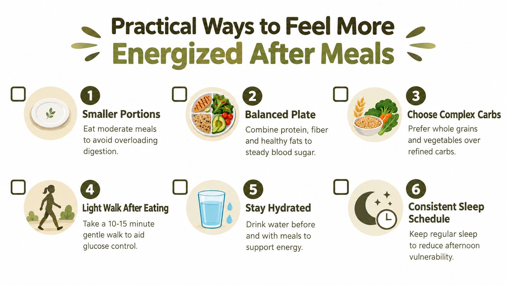 A list of six practical tips for feeling more energized after meals presented as an infographic.