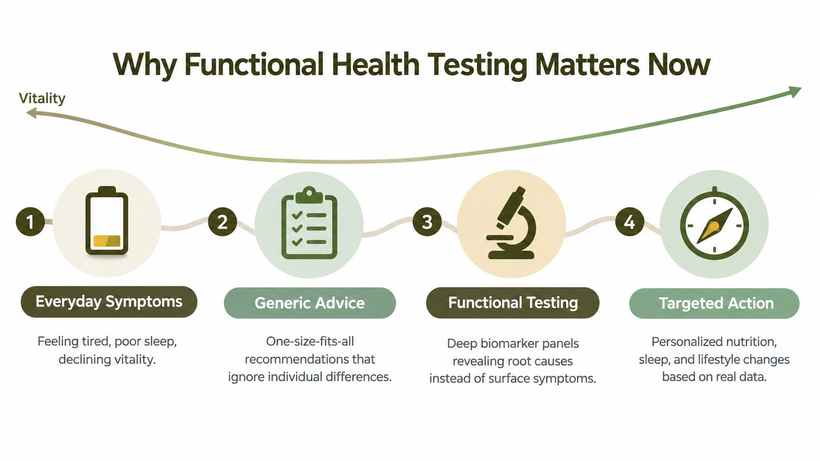A diagram illustrating the four-step process of functional health testing to improve vitality and individual well-being.