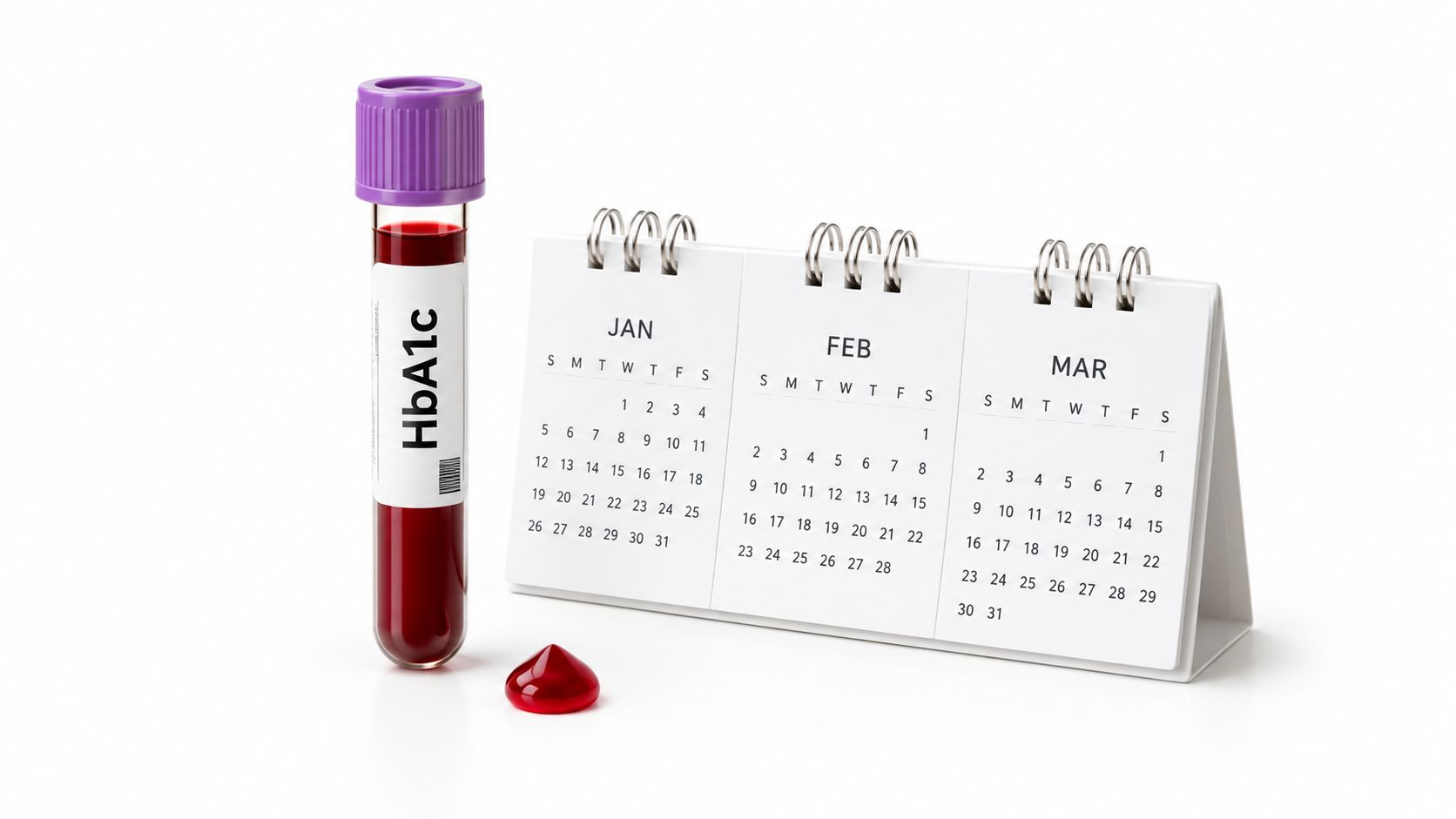 A blood sample test tube for HbA1c testing positioned next to a three-month calendar display.