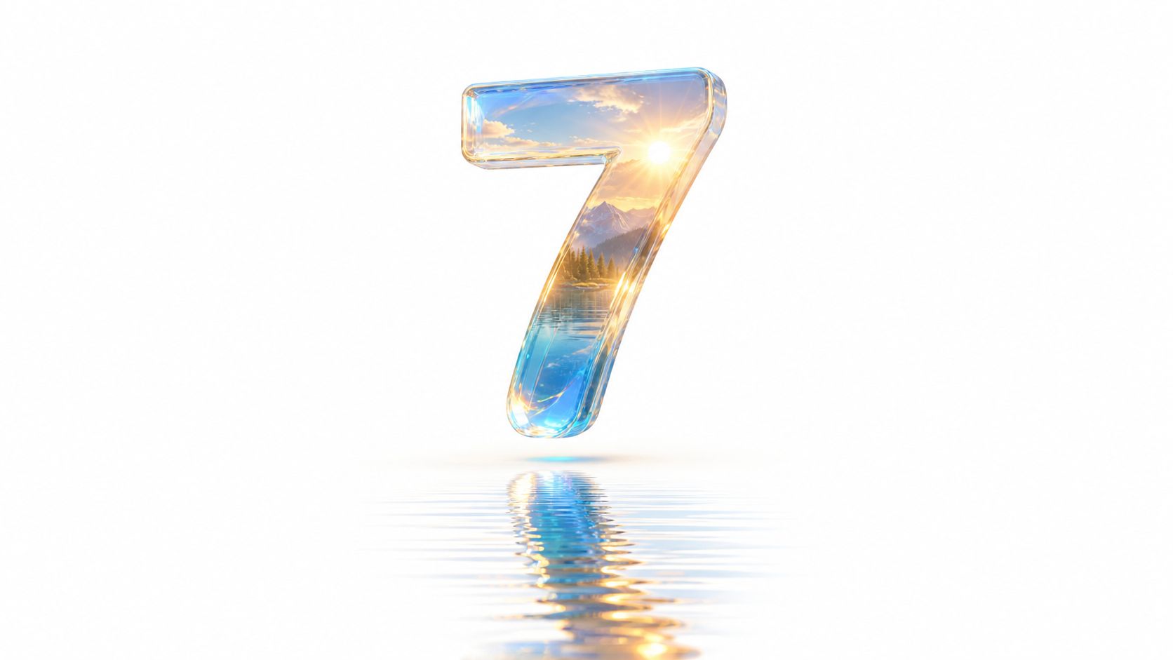 A 3D glass number seven containing a vibrant landscape scene with mountains, lake, and sunrise over white.