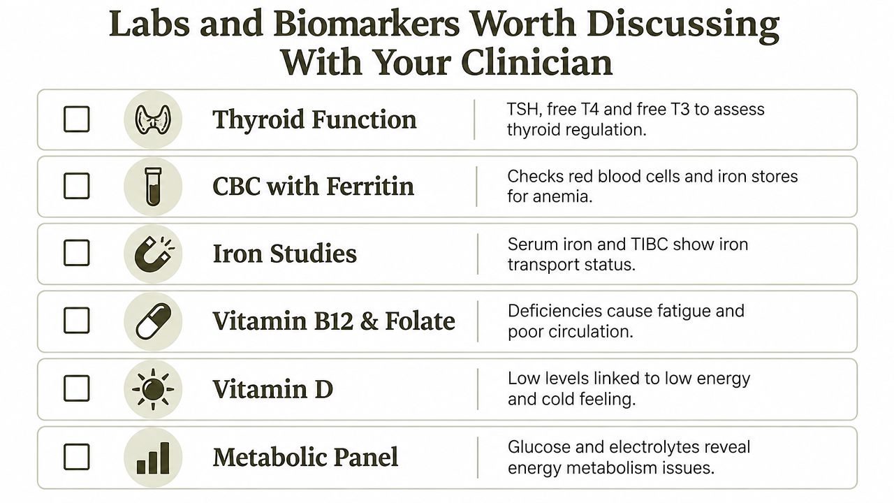 A checklist of lab tests and biomarkers to discuss with a clinician for fatigue and coldness.
