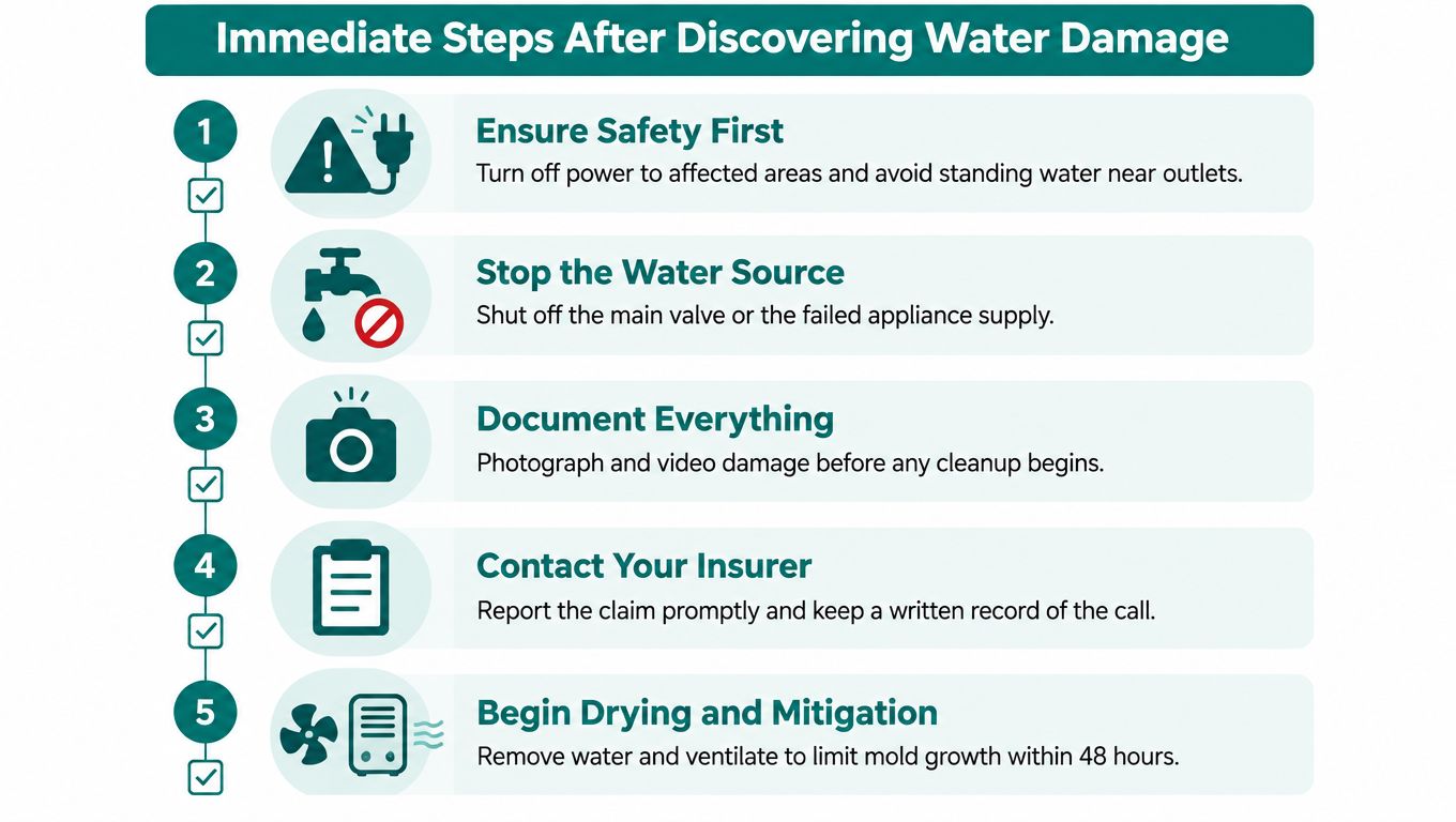 A step-by-step infographic listing five immediate actions to take after discovering water damage in a home.