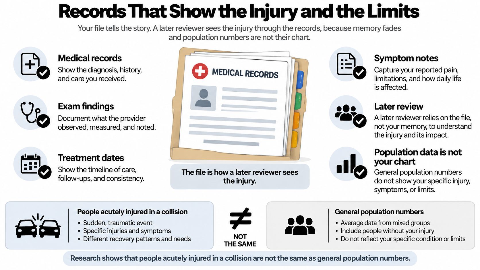 An infographic explaining how medical records and documentation are vital for proving injury after a car accident.