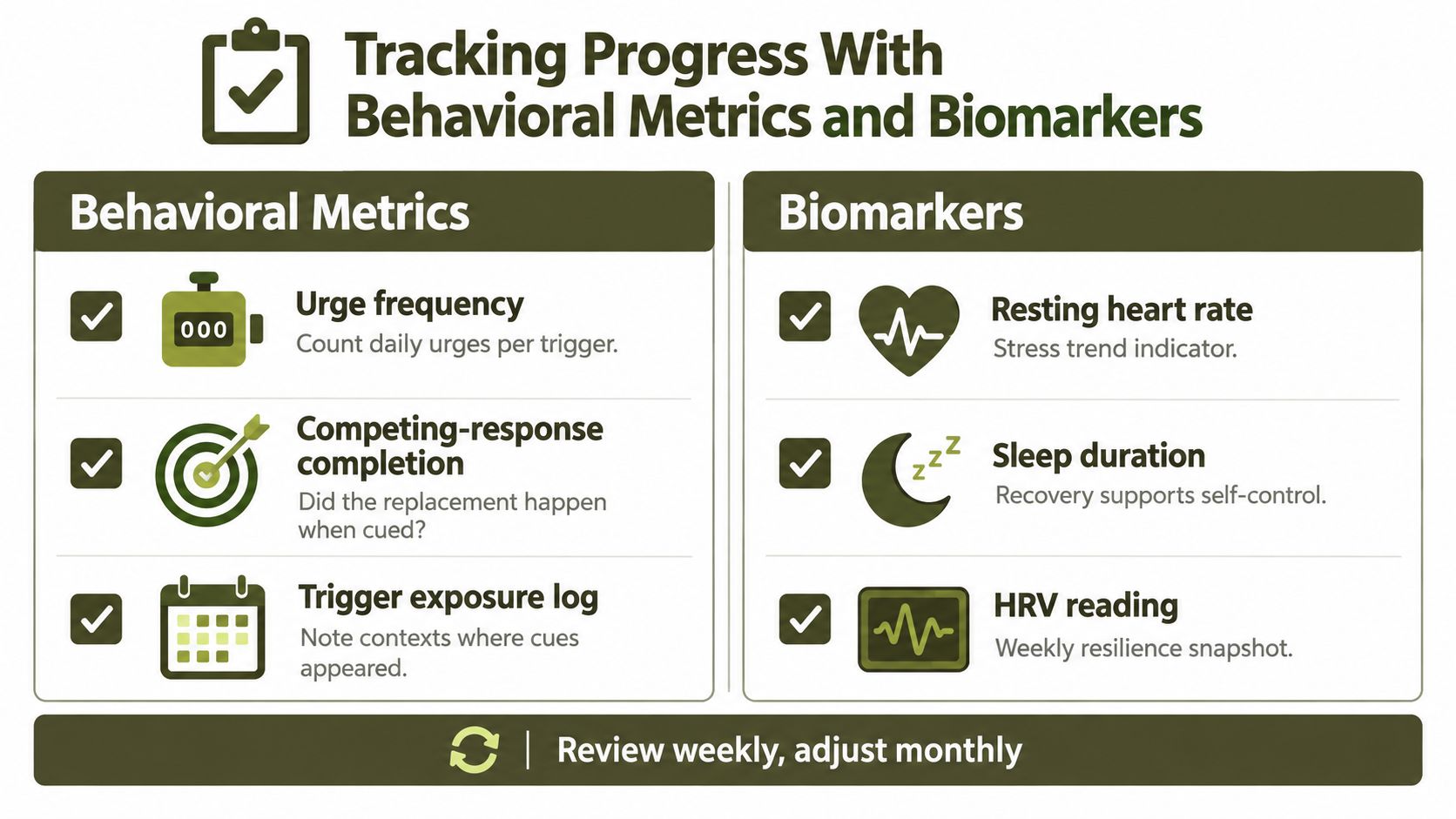 A chart detailing behavioral metrics like urge frequency and biomarkers such as heart rate for tracking progress.