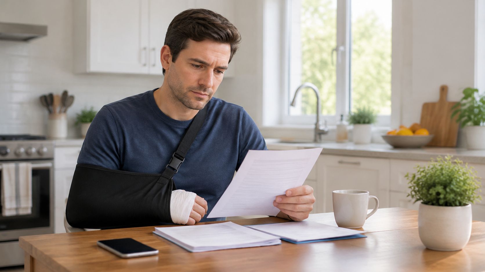 A man with his arm in a medical sling sits at a kitchen table reviewing legal documents.