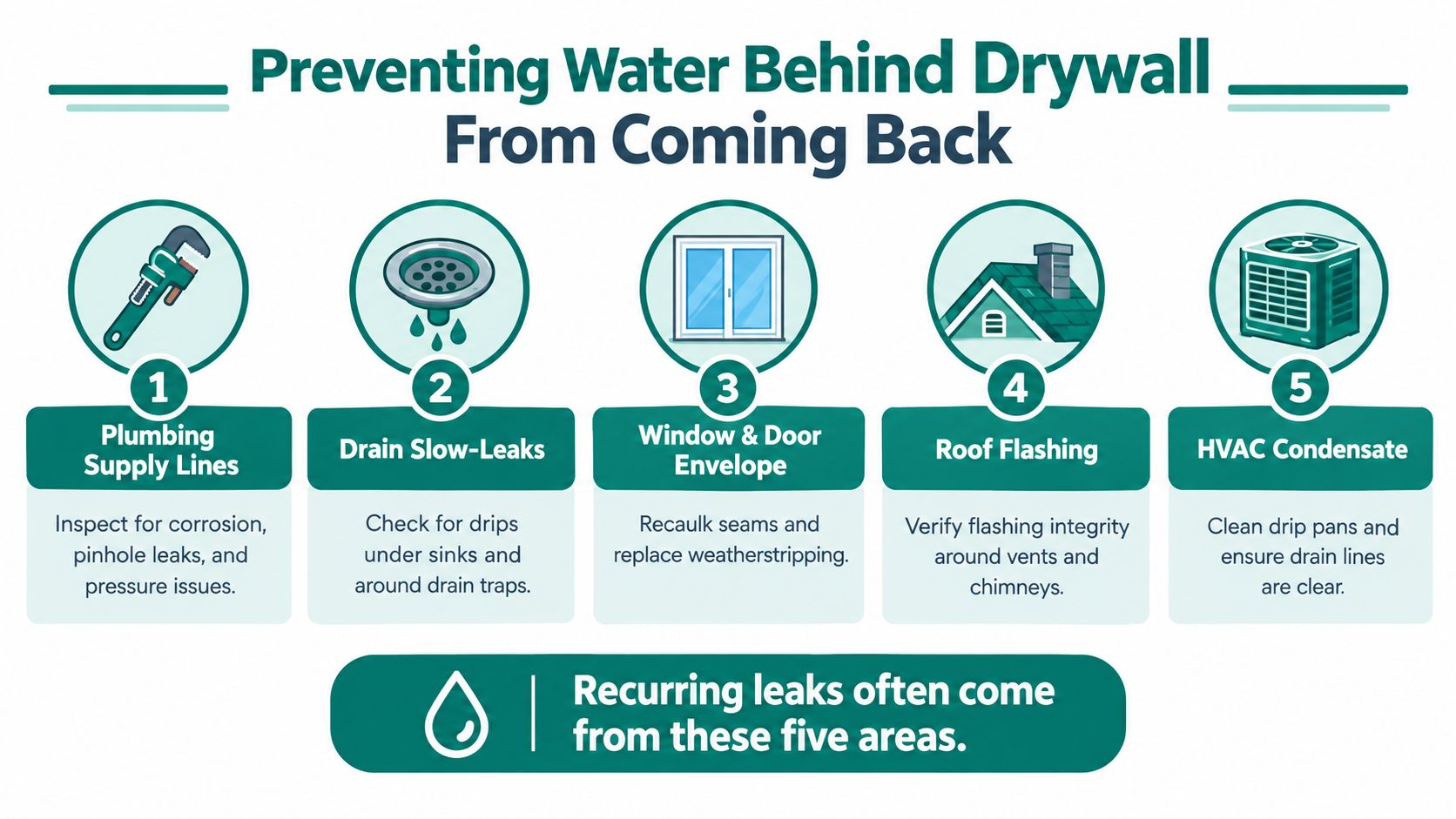 An infographic showing five areas to check to prevent water leaks behind walls in a home.