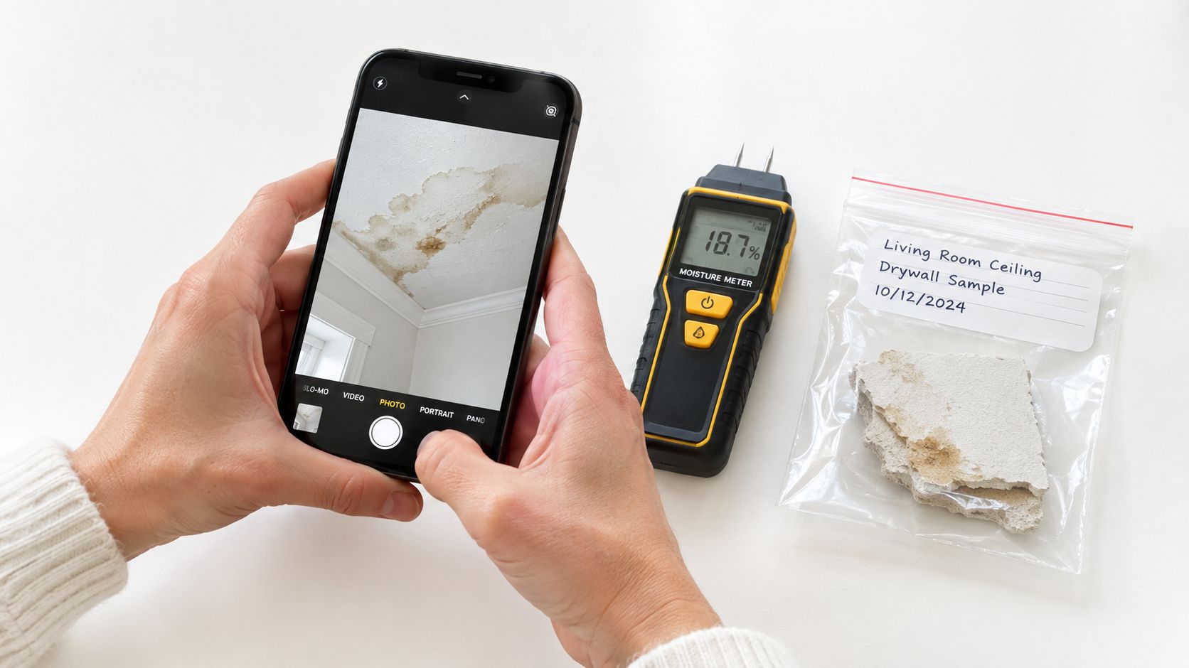 A person taking a photo of a water-damaged ceiling, next to a moisture meter and drywall sample.