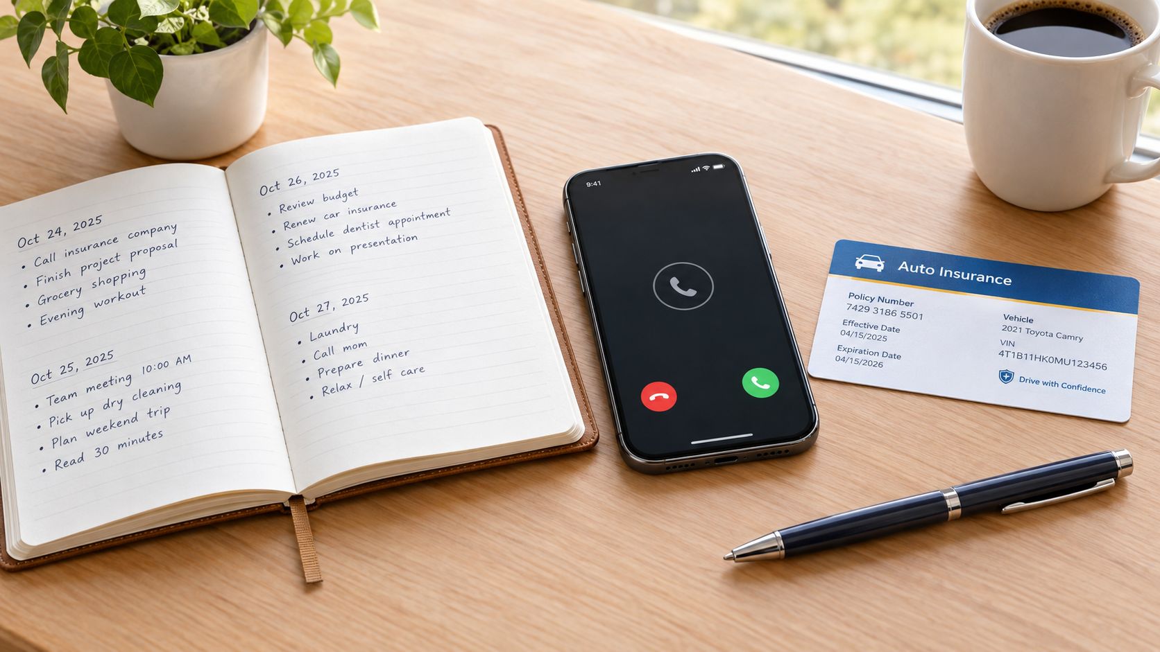 A wooden desk featuring an open planner, a smartphone on a call, and an auto insurance card.