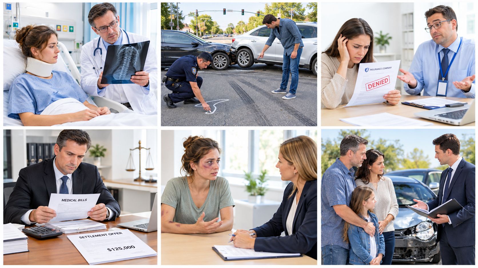 A collage showing different stages of car accident insurance claims, medical treatment, legal consultations, and settlement processes.