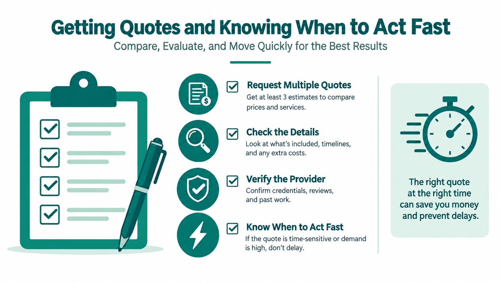 An infographic showing four steps for comparing quotes, evaluating services, and making fast, informed decisions.