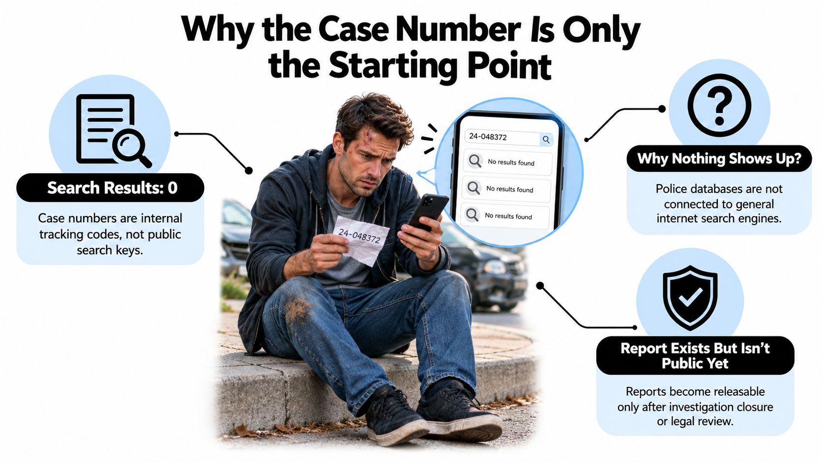 A man looking at a smartphone and a paper with a case number, showing search result issues.