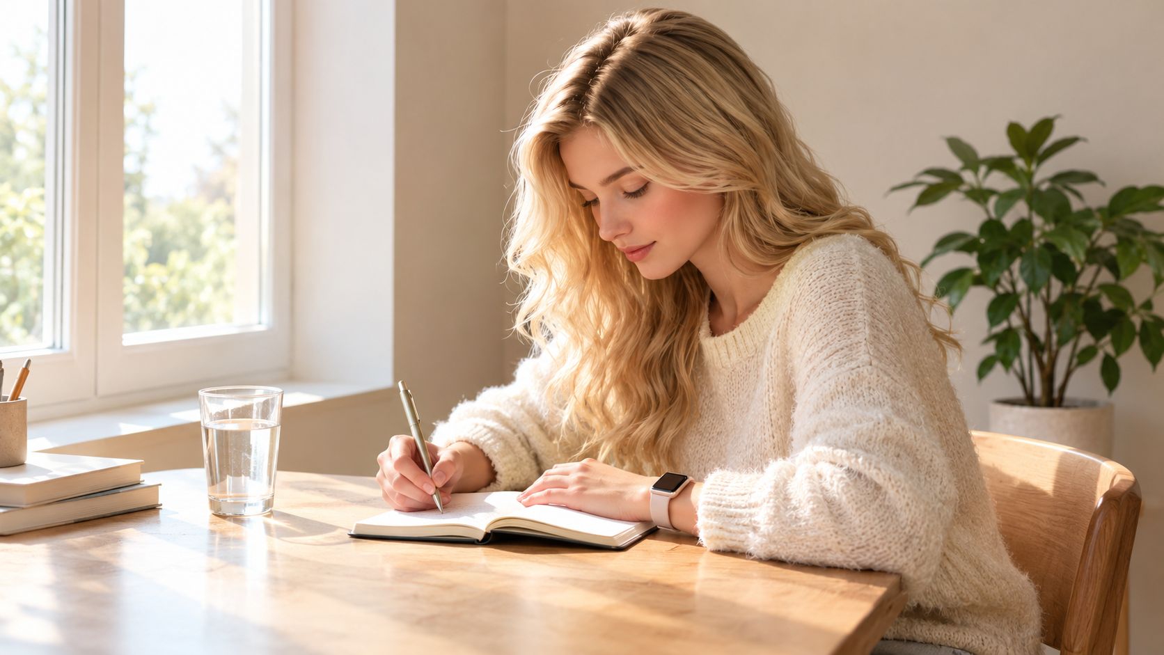 A young blonde woman sitting at a wooden table, writing in a notebook near a bright window.