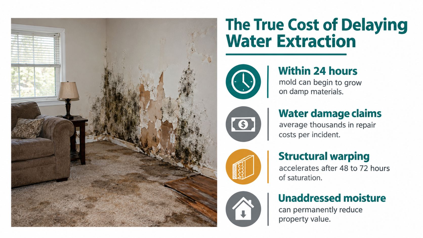A living room wall with significant water damage, mold growth, and peeled wallpaper due to untreated moisture.