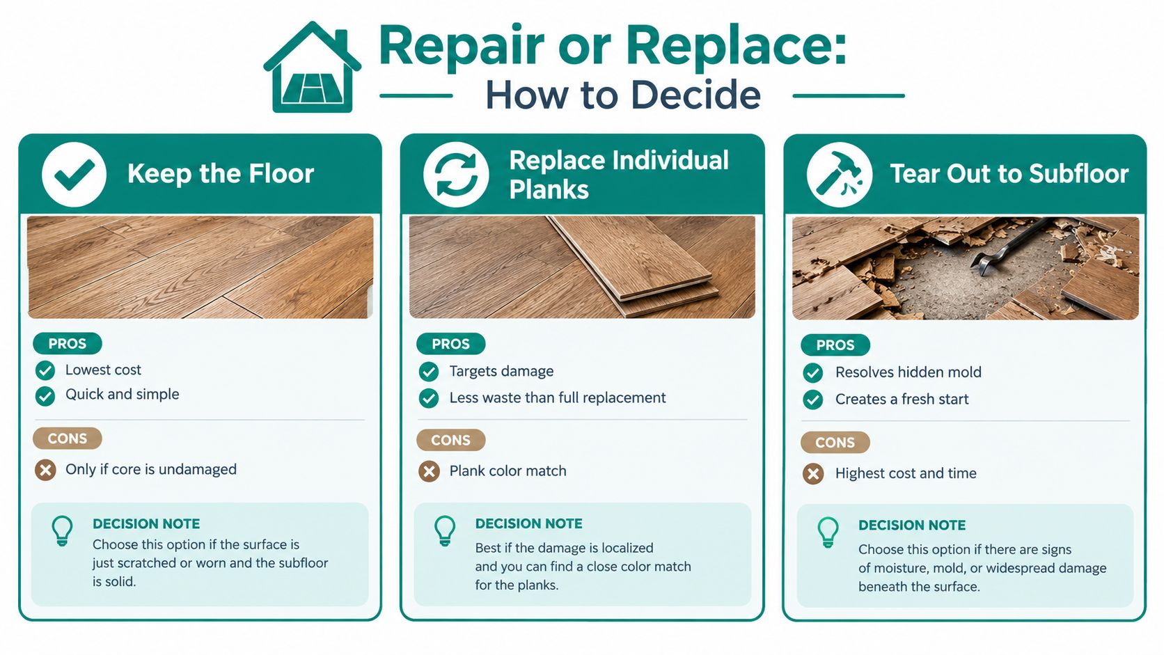 An infographic detailing whether to keep, repair, or replace water-damaged laminate flooring for homeowners.