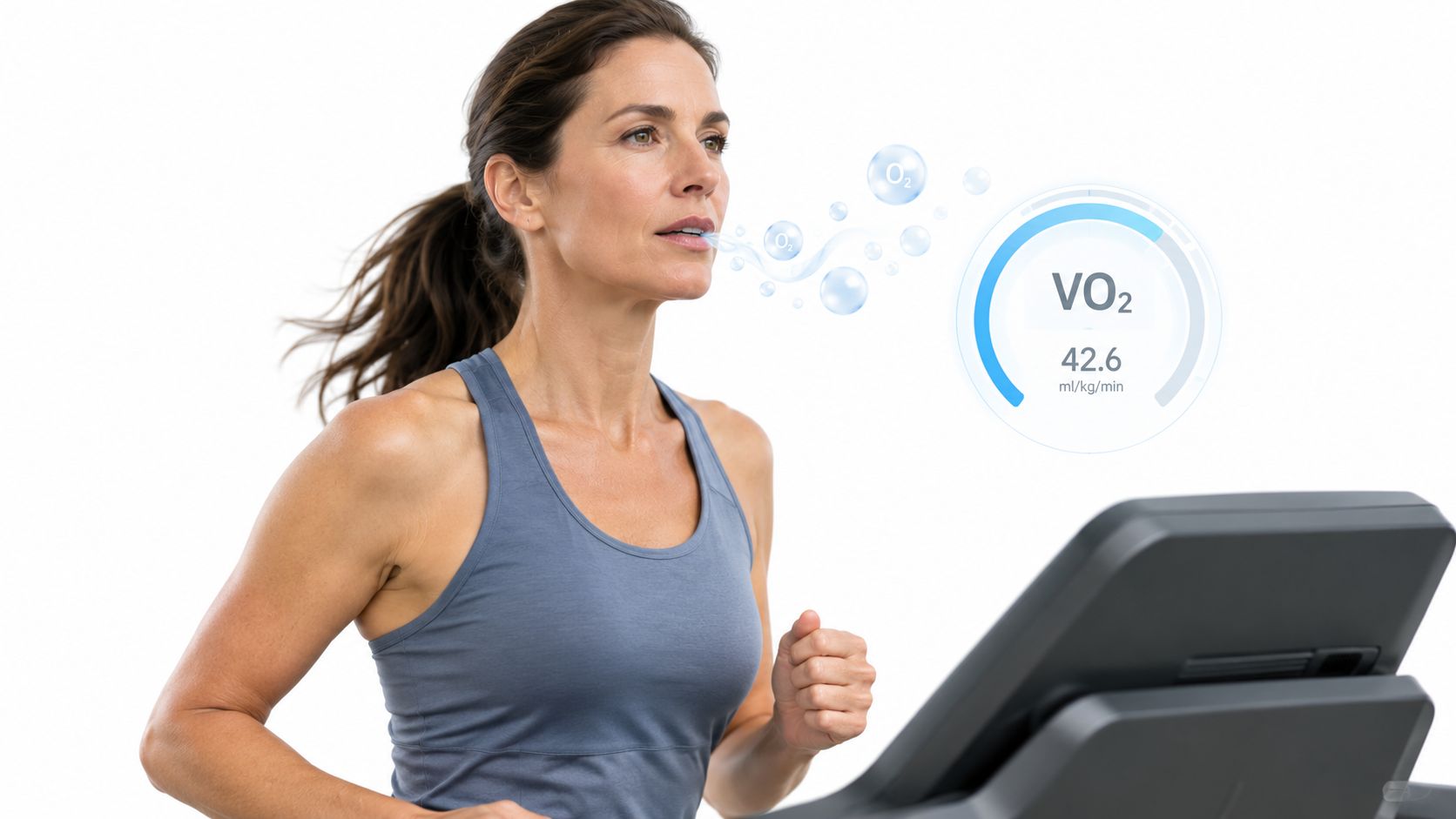 A woman running on a treadmill with an overlaid digital graphic displaying her oxygen consumption VO2 levels.