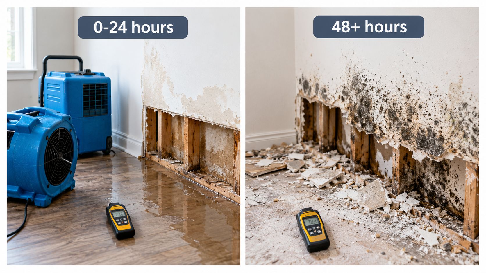 A comparison showing a home wall before and after extensive mold growth from water damage.