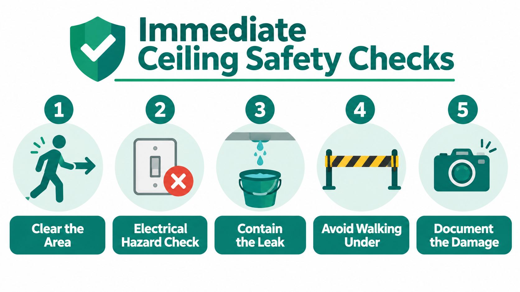 A safety infographic showing five immediate steps to take if a ceiling shows water damage.