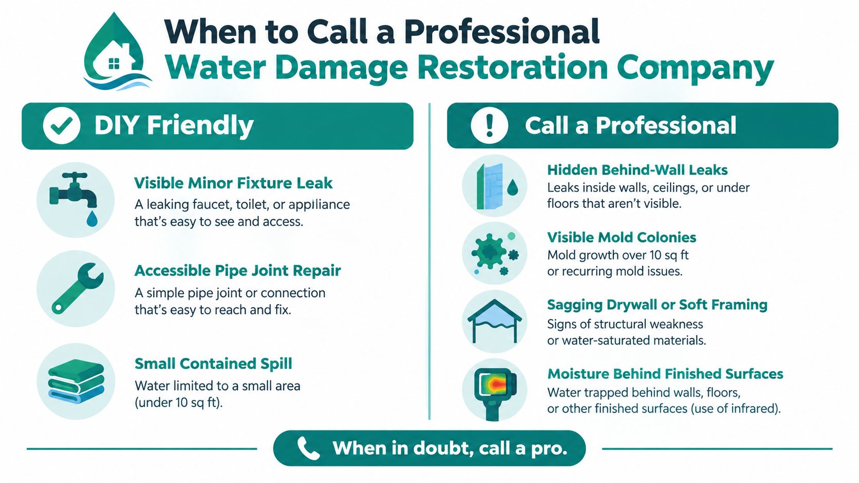 A helpful infographic outlining when homeowners should handle water damage DIY versus when to call professionals.