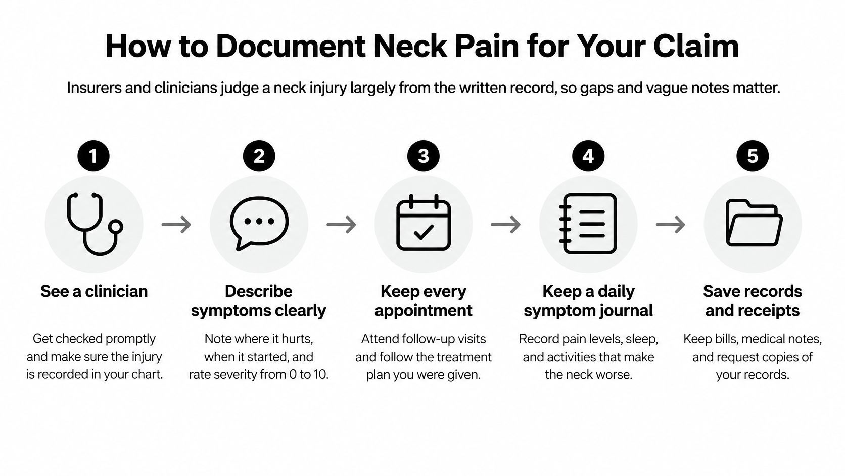 A five-step guide on how to document neck pain correctly to support an insurance claim.