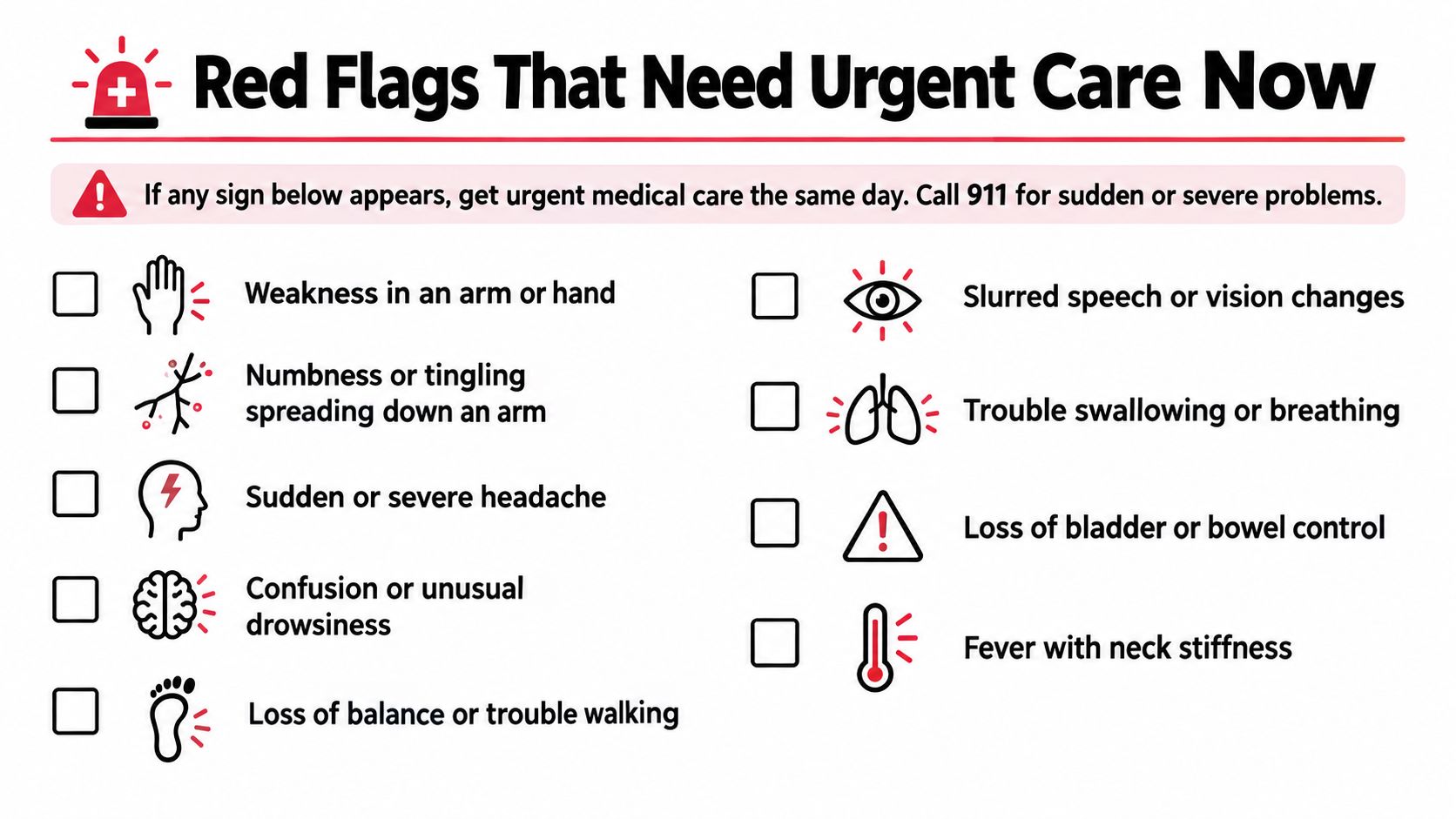 An infographic showing red flag symptoms after a car accident that require urgent medical care.