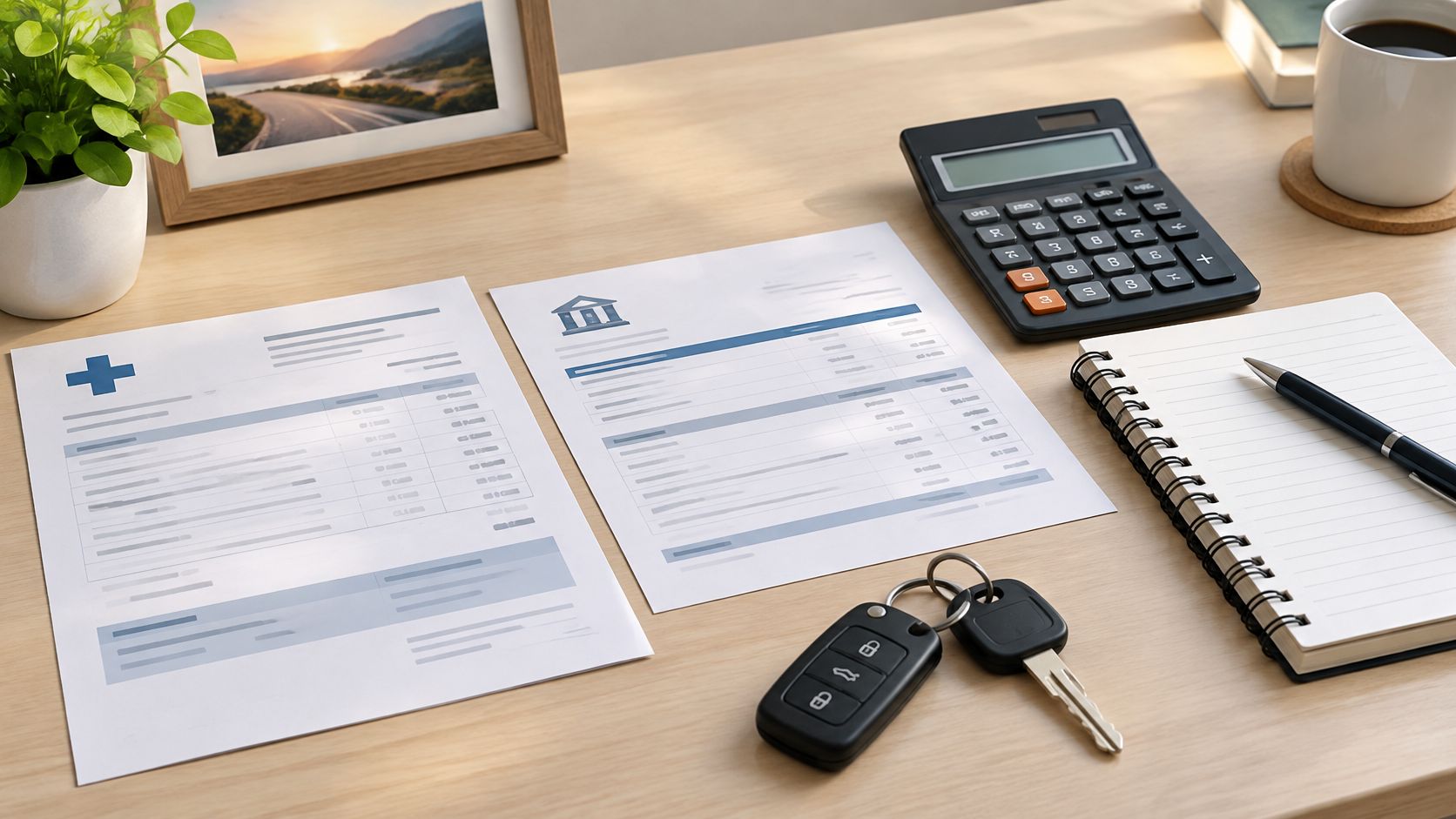 A desk with documents, a calculator, car keys, and a notebook, representing legal and financial paperwork.