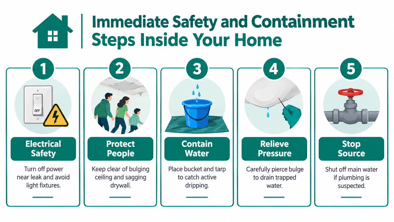A five-step safety infographic demonstrating how to manage and contain water leaking through a residential ceiling.